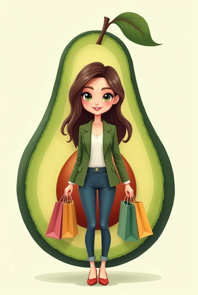 Animated avocado logo with cute woman face, chic clothes and shopping bags