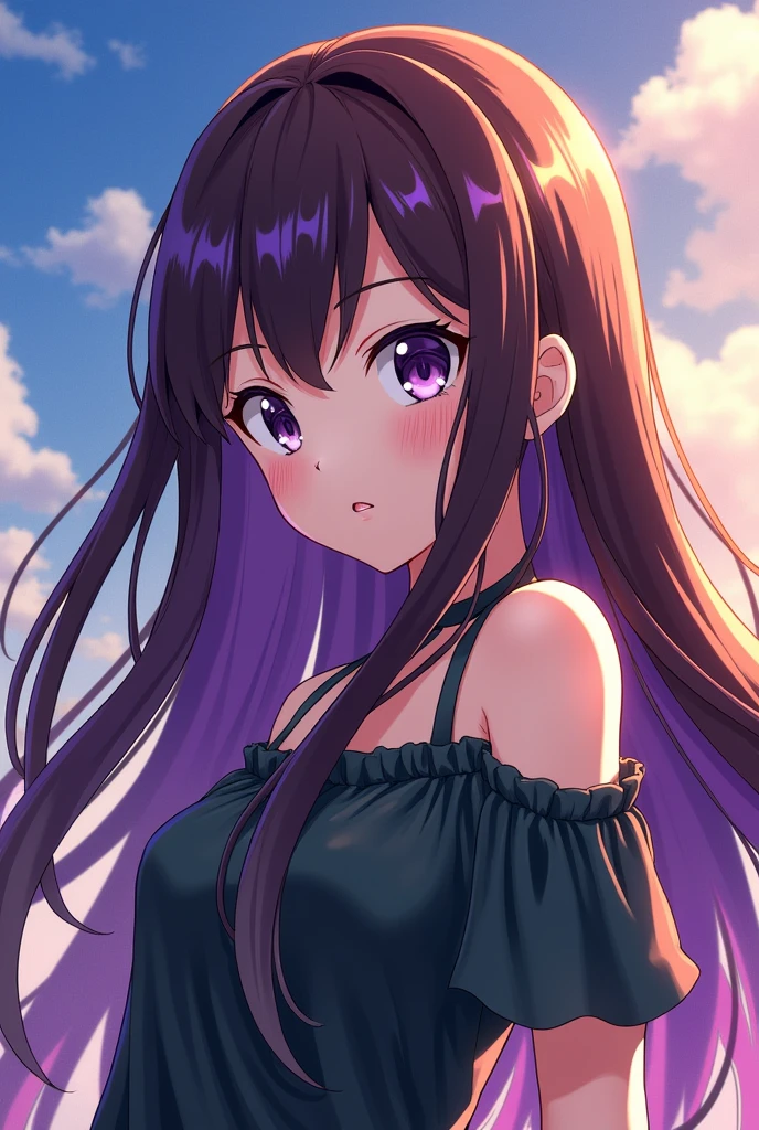 A girl in the style of the anime Boku no Hero Academia, with brown hair and purple tips, two-colored eyes, purple and black, and light skin.