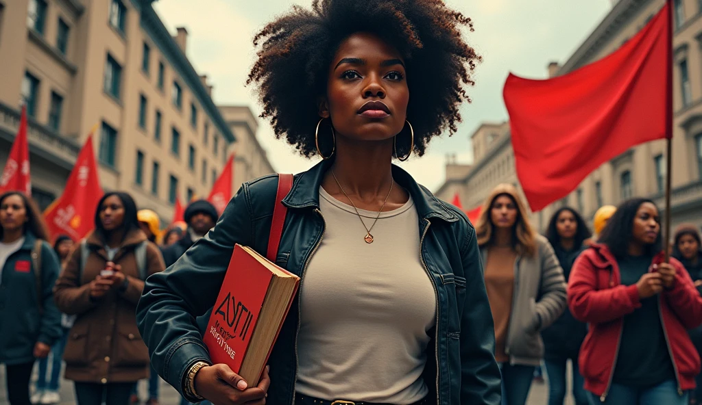 black woman protesting carrying a book