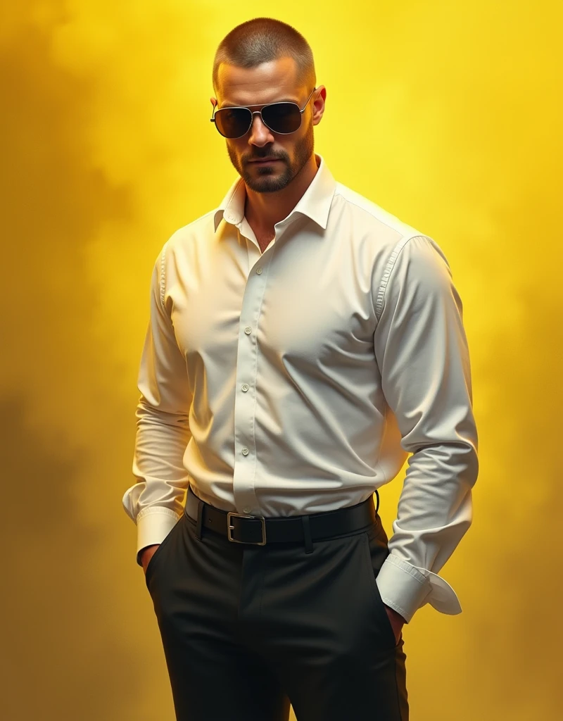 Realistic, handsome man crew cut hair wearing sunglasses, white shirt and black pants,, smokey yellow on the background