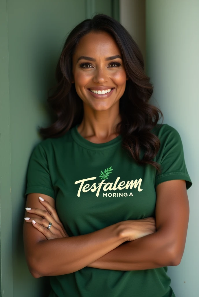 Beautiful milf advertising Tesfalem moringa wearing tesfalem moringa t-shirt 