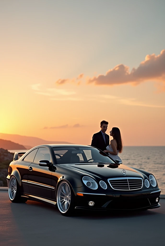 BLACK mercedes benz model E-class w211 with white wheels year 2004 wit amg paket in front of the sea on a sunset and beatiful young couple in front of the car realistically 