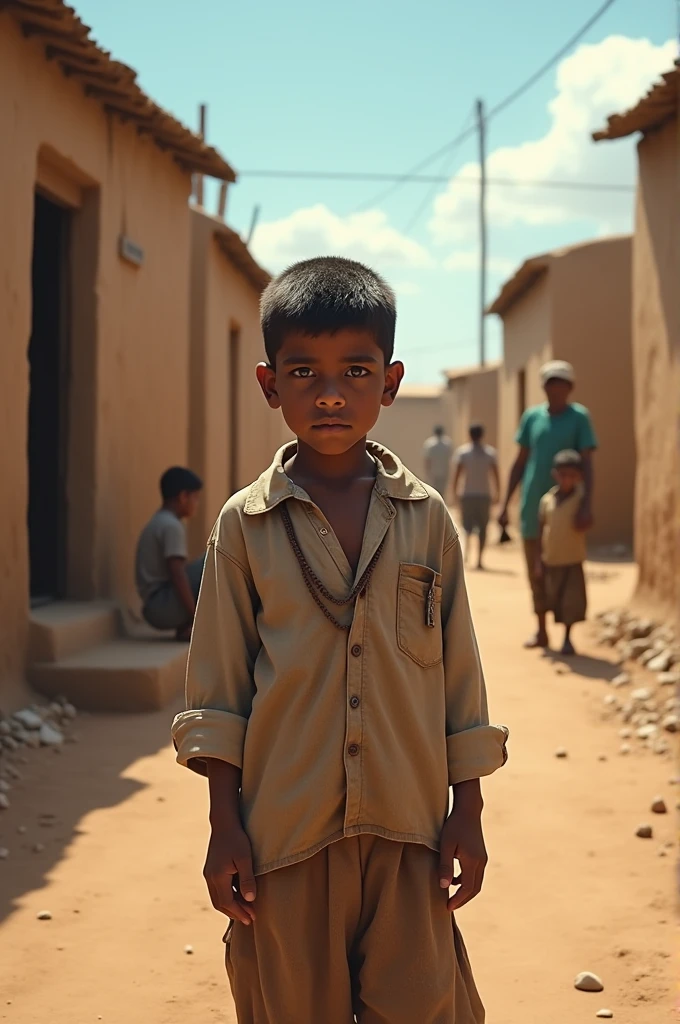 Prompt: A small, humble village with simple mud houses and a dirt road. A young boy named Ali, wearing worn-out clothes, stands outside a small house. His eyes are full of determination, despite his family's poor condition. In the background, his parents are working hard, showing the daily struggle of their life.