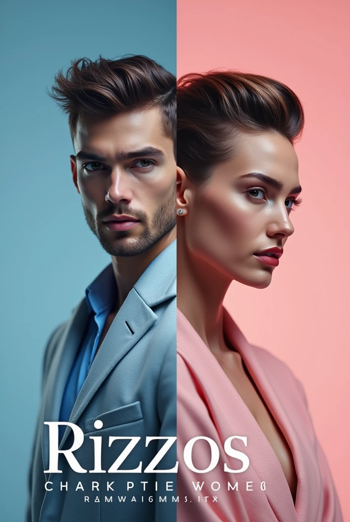 Create a sleek and modern promotional design for a unisex aesthetic called &#39;Rizzos&#39;. The design must include two high-quality images showing a man&#39;s and a woman&#39;s hair in well-groomed styles.. The design must contain the service schedule information, which is 12:00 pm a 9:00 pm. You should also list the services that the beauty salon offers.: Hairstyles, dyes, straightening, hair removal, permanent and chinese. Use a color palette that combines shades of blue and pink, that are attractive and appropriate for an aesthetic, reflecting the style and sophistication of the business.