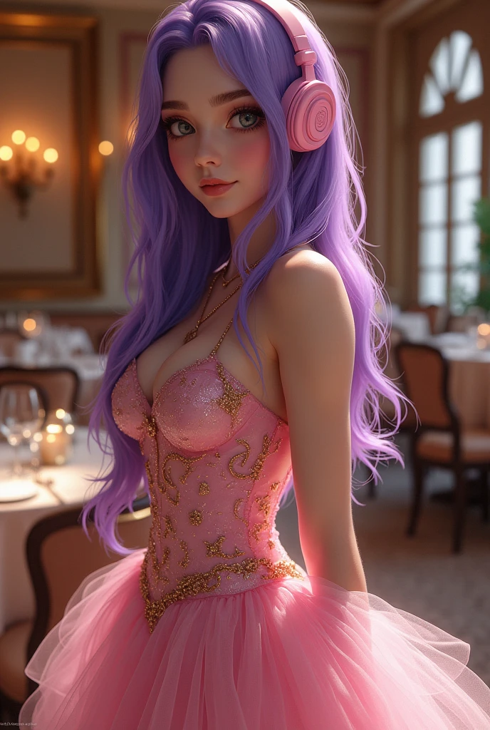 Korean purple hair butterfly woman with headphone and pink dress shiny shiny transparent gold decoration restaurant background full body perfect body 