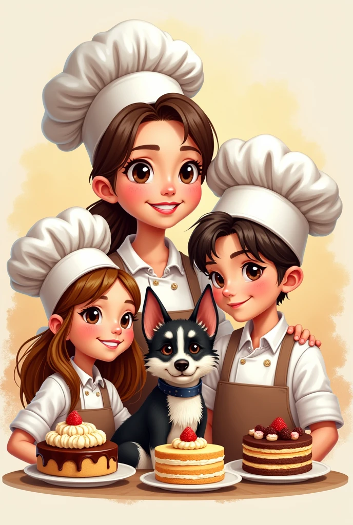 logo of woman with her ******* daughter and with her ******* son and with her **** dog black-headed fox terrier and white body, all with chef hats and surrounded by cakes and with the phrase "Tobey&#39;s Delights" in Spanish