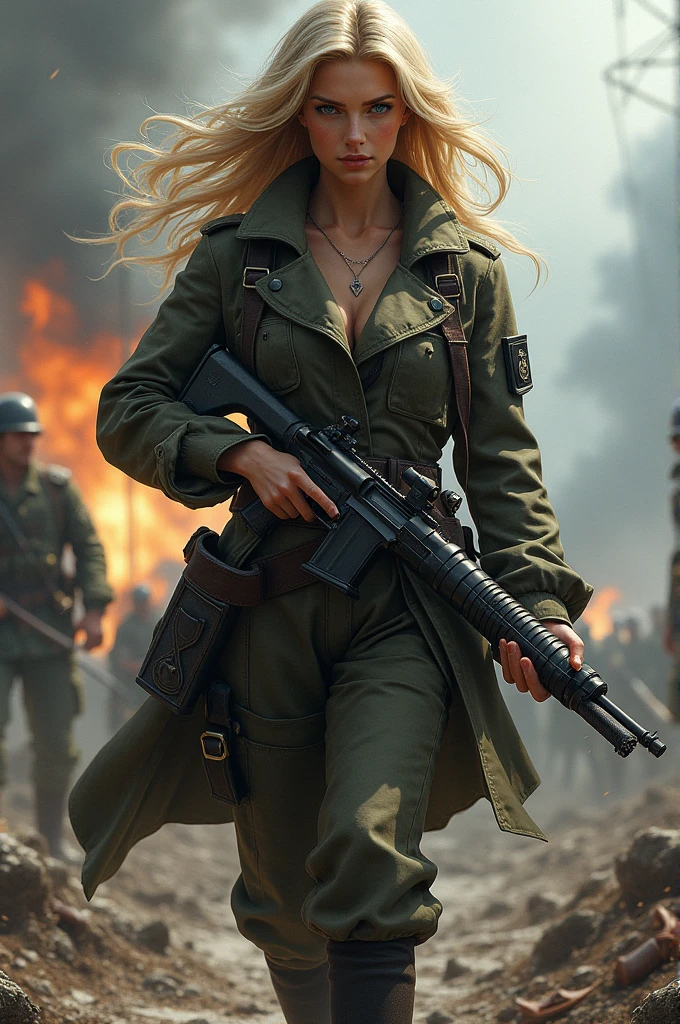 German soldier very sexy machine gun knife blonde long hair