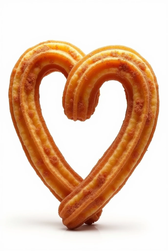 generates a very large Spanish-style heart-shaped churro on a white background, that it is very realistic and it is appetizing with a little cinnamon and sugar sprinkled on top