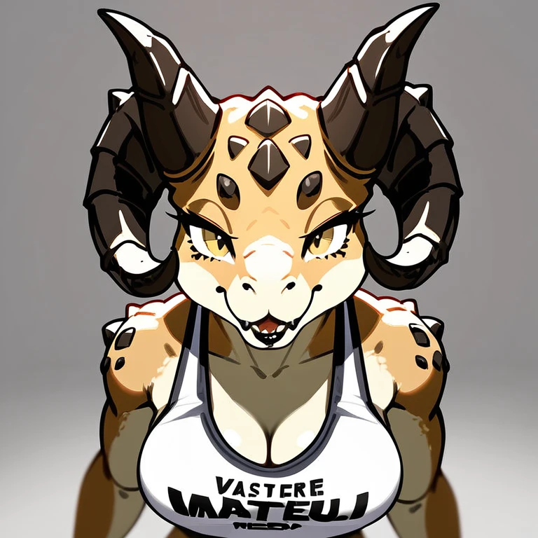 (((Masterpiece))), ((4k)), (best body), Solo, score_9,score_8_up,score_7_up, kemono style, Anthro deathclaw from fallout, Anthro reptile girl, snout, green scaled skin, gold eyes, black lips, black horns, black ram horns, athletic body, smiling, wearing  laced tank top and a small blue vail over bridge of nose, (detailed background), (full body) digitigrade legs, 