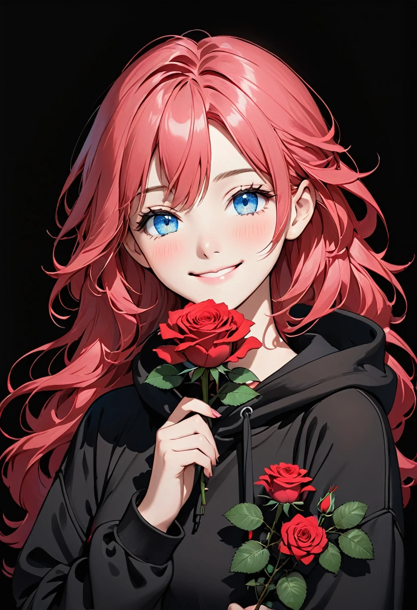 Girl in black hoodie holding red rose with beautiful eyes and face, single girl, alone, black hoodie, flower, holding flower, pink hair, rose, one eye closed, looking at viewer, black background, holding, long hair, hoodie, simple background, upper body, long sleeve, smile, blue eyes, red flower
