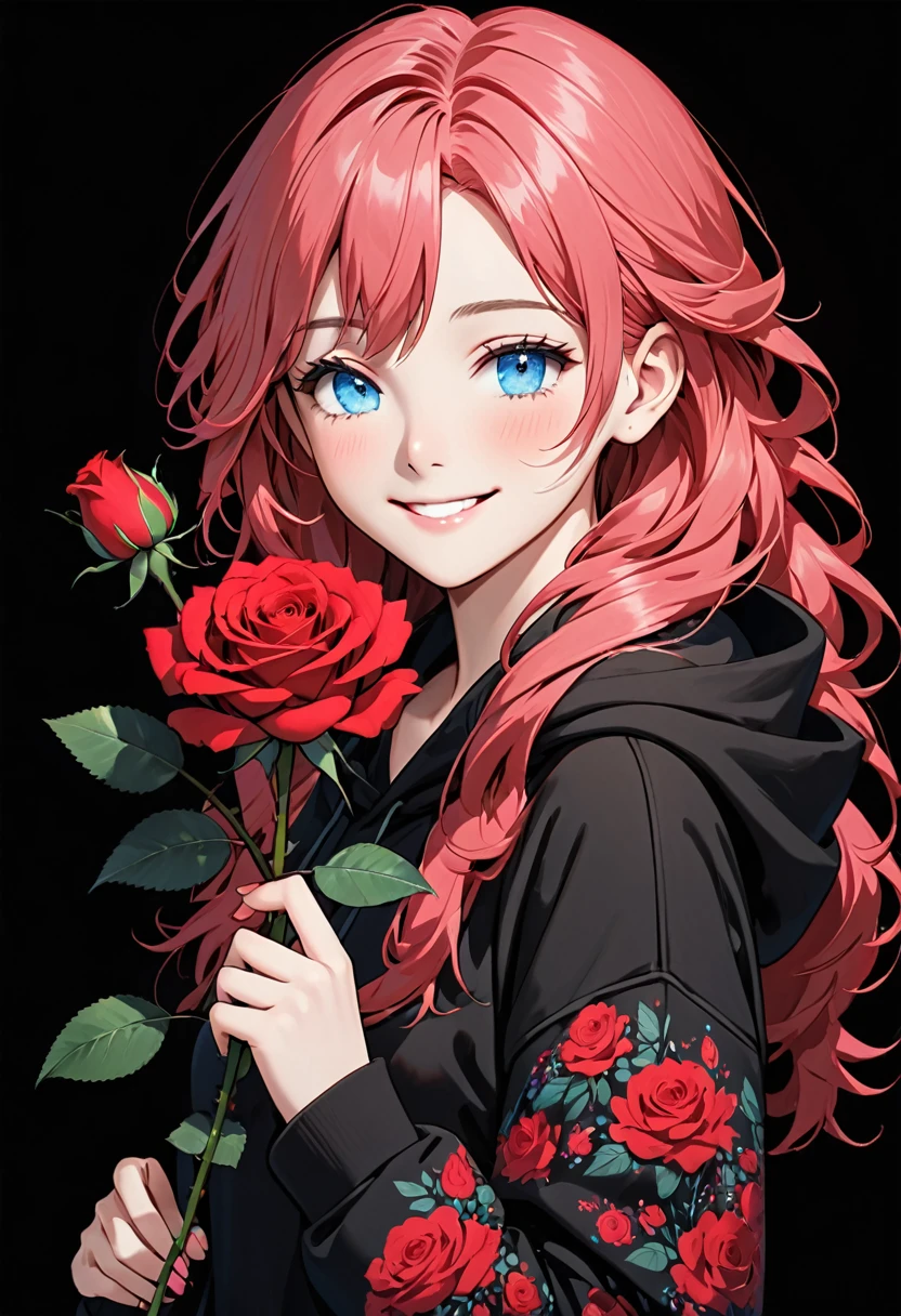 Girl in black hoodie holding red rose with beautiful eyes and face, single girl, alone, black hoodie, flower, holding flower, pink hair, rose, one eye closed, looking at viewer, black background, holding, long hair, hoodie, simple background, upper body, long sleeve, smile, blue eyes, red flower