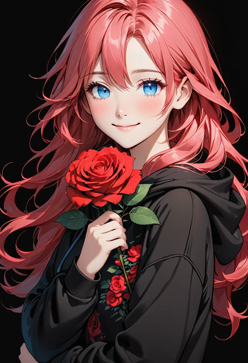 Girl in black hoodie holding red rose with beautiful eyes and face, single girl, alone, black hoodie, flower, holding flower, pink hair, rose, one eye closed, looking at viewer, black background, holding, long hair, hoodie, simple background, upper body, long sleeve, smile, blue eyes, red flower