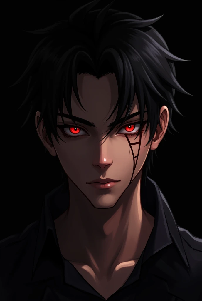 1 men, dark red eyes, perfect lighting, Bblack hair, age 25, scar on eye, shoulder hair, brunette skin, detailed robust face, side lighting, simple background, darkness background