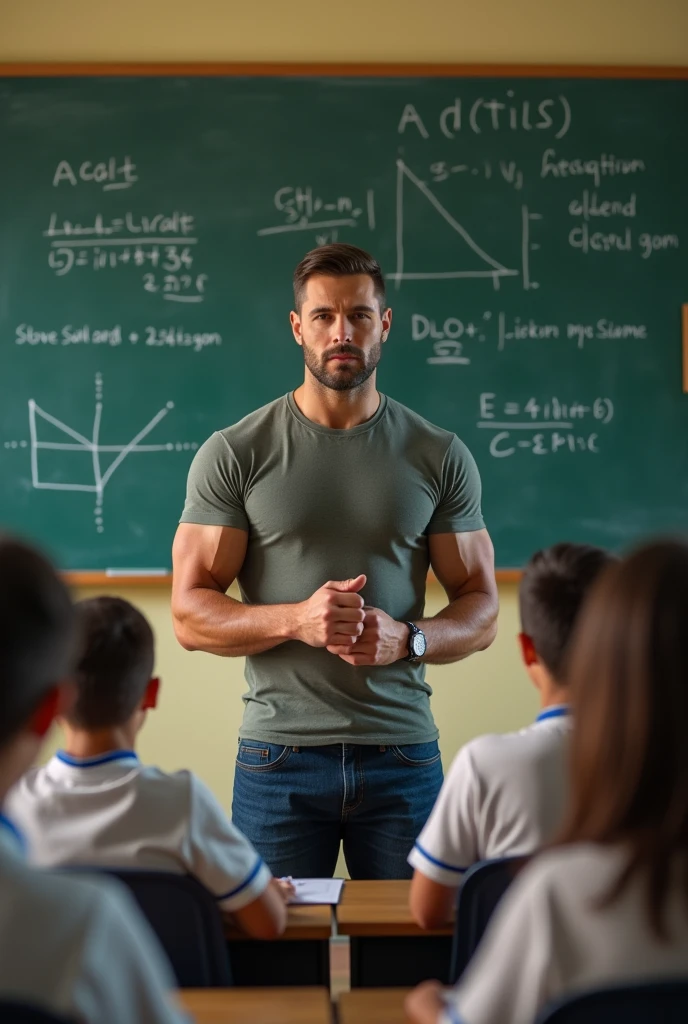 White man, Muscular and young man without a beard and wearing a tight shirt teaching mathematics in a school in front of the blackboard and the students can be seen sitting there paying attention