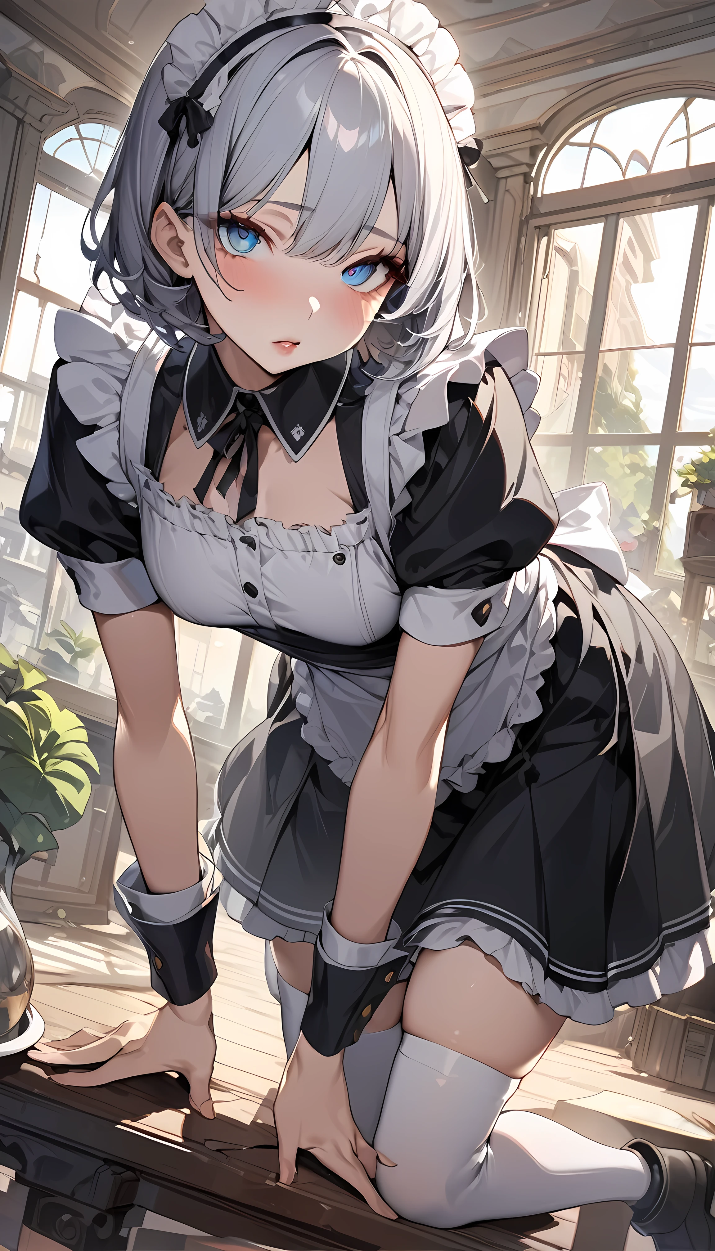 (Surreal)、(High resolution)、(8k)、(Very detailed)、(Best illustrations)、(Beautiful and detailed eyes:1.0)、Highest quality:1.0,maid,Knee-high socks,Absolute area,Natural Lip,short hair、Random pose