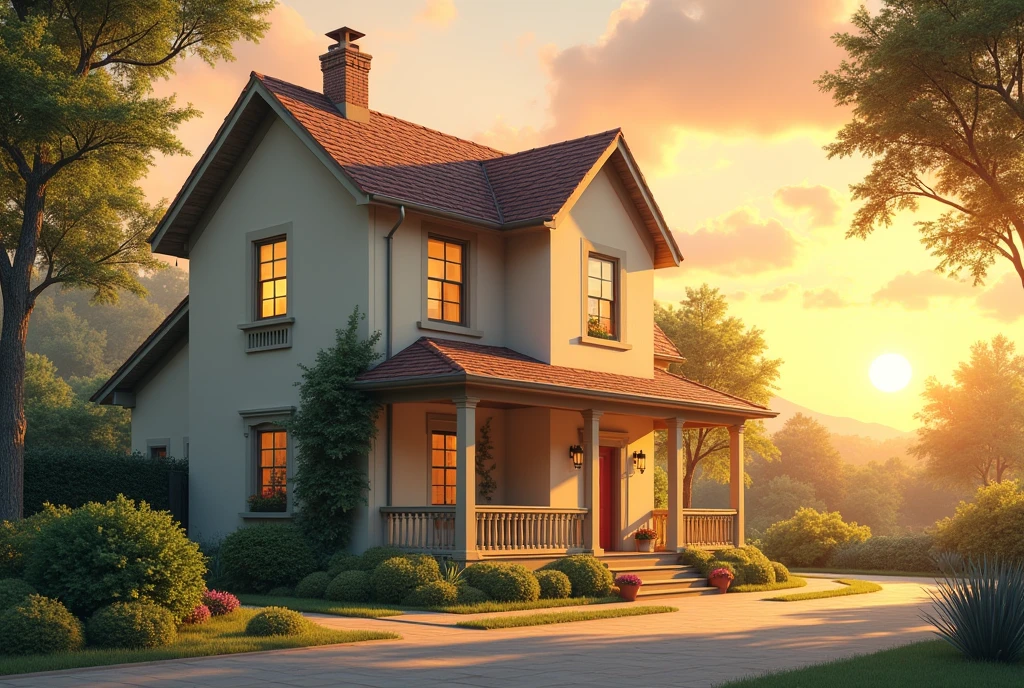 House, two floors, cream paint, ivy on an exterior wall, plain, Sunset, Beautiful.