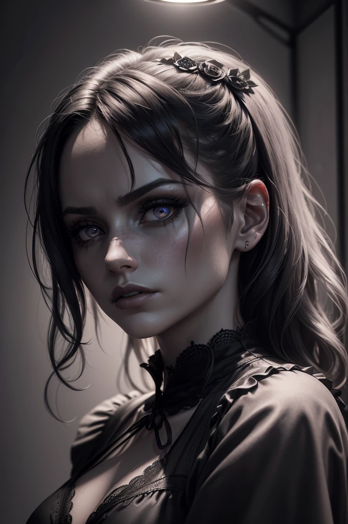 1girl, cute girl, sexy, solo, looking at viewer, monochrome, greyscale, bunt bangs, black hair, long hair, parted lips, horns, black background, portrait, cyberpunk, gothic, goth makeup, biopunk
