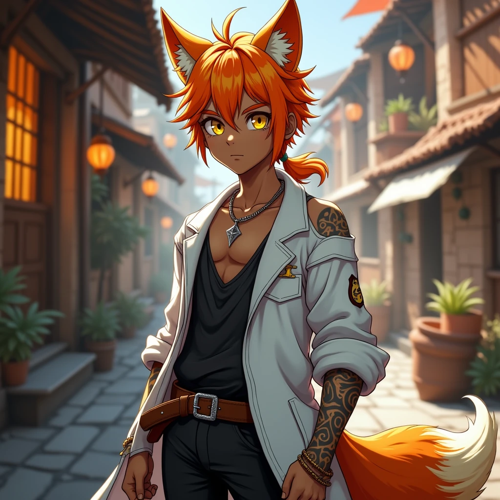 handsome 1 boy with orange medium hair and lower ponytail and yellow eyes and fox ears, dark skin, tribal tattoo, off shoulder white jacket, black sleeveless shirts with crossed body leather belt, leather sandal, necklace, standing on the messy backstreet of medieval city, sunlight, soft focus, high quality, realistic background, adding depth and richness to the scene