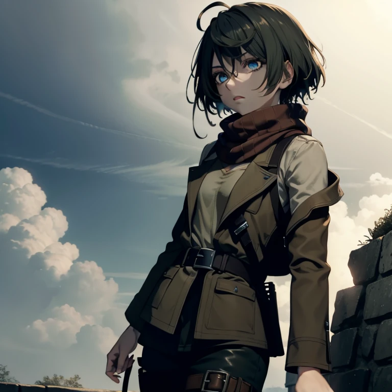 aot style, shingeki no kyojin,
mikasa ackerman,cleavage,Off-the-shoulder attire
1girl, arm strap, bangs, black hair, black pants, breasts, cowboy shot, embers, green eyes, grey background, hair between eyes, harness, long sleeves, looking at viewer, medium breasts, pants, red scarf, scarf, shirt, short hair, smoke, solo, thigh strap, brown jacket, white shirt, survey corps \(emblem\)
, ((masterpiece)), best quality
,