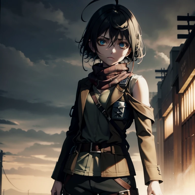 aot style, shingeki no kyojin,

mikasa ackerman,cleavage，Off-the-shoulder attire

1girl, arm strap, bangs, black hair, black pants, breasts, cowboy shot, embers, green eyes, grey background, hair between eyes, harness, long sleeves, looking at viewer, medium breasts, pants, red scarf, scarf, shirt, short hair, smoke, solo, thigh strap,  brown jacket, white shirt, survey corps \(emblem\)

, ((masterpiece)), best quality
,