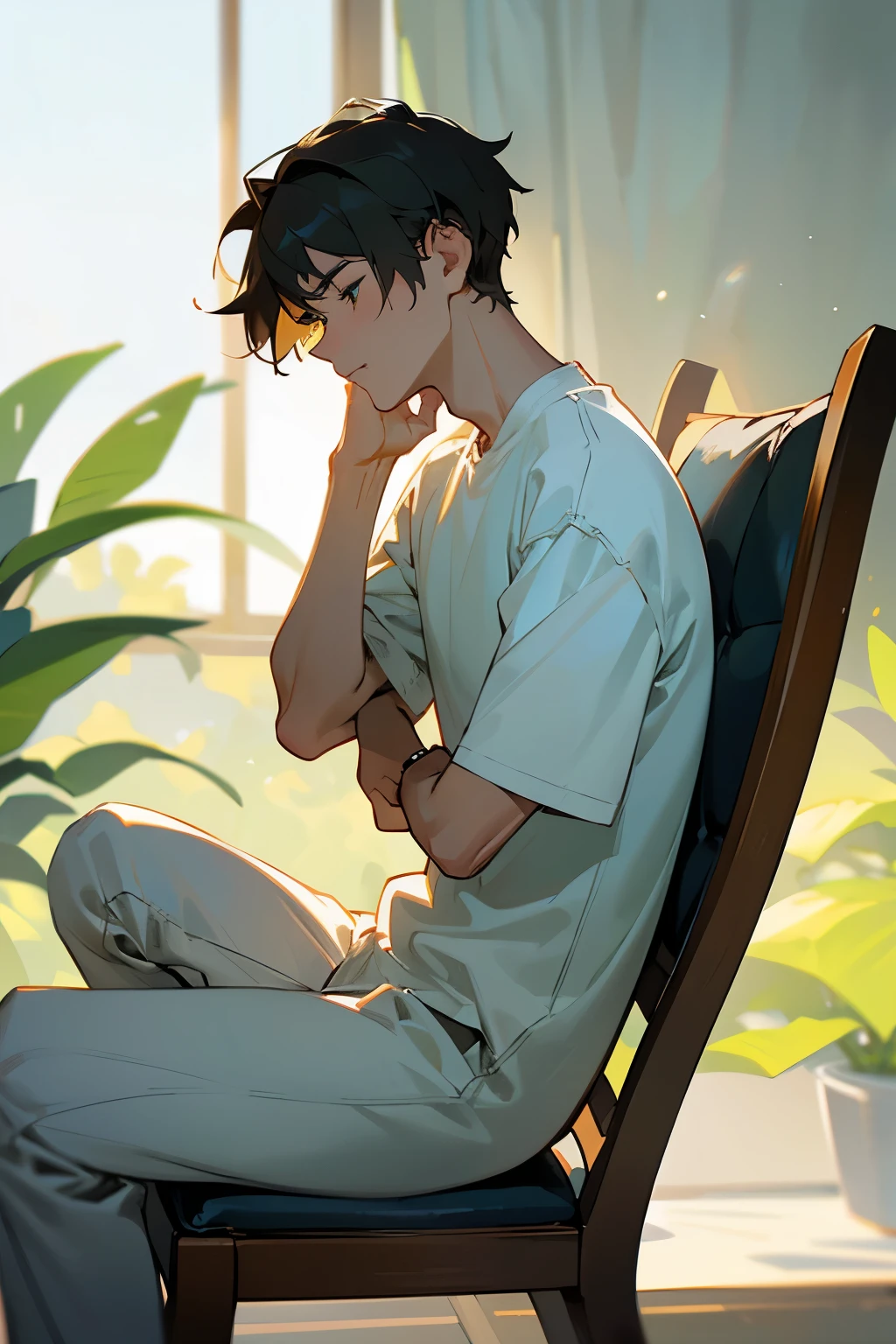 “A focused and serene scene of a young man engaging in his pre-game routine. The young man, in his mid-20s, is sitting cross-legged on the floor of a minimalist room. He is dressed in comfortable sportswear, with a calm and determined expression on his face. In the first scene, he is taking a deep breath, eyes closed, with his hands resting on his knees, the soft light emphasizing his relaxed posture. The background is blurred, featuring soft natural light filtering through the window, creating a peaceful atmosphere.

In the second scene, the man is meditating, his posture straight and his hands in a traditional meditation mudra. The background is a simple, tranquil setting with calming colors, reinforcing the sense of inner focus. Gentle, subtle lighting highlights the contours of his face, capturing the depth of his concentration.

In the third scene, the young man is sitting in a chair, headphones on, deeply immersed in listening to music. His eyes are closed, and a slight smile plays on his lips as he connects with the rhythm. The background fades into soft, warm tones, with musical notes subtly floating around, symbolizing the connection between the music and his mental focus.

The overall style is clean and modern, with a focus on the young man’s calm and focused demeanor. The color palette is composed of soothing blues and greens, accented by warm light, emphasizing the themes of relaxation and concentration.”