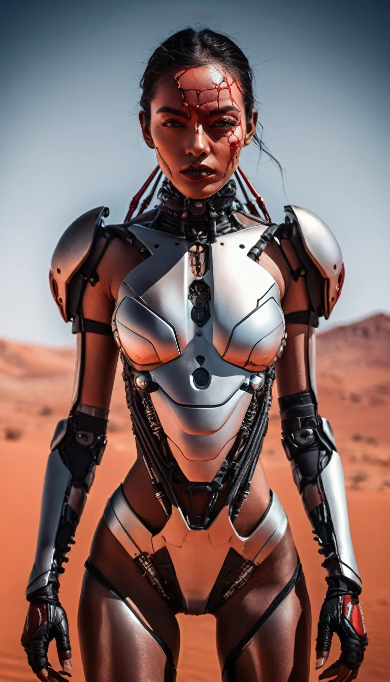Une photo de face d'une femme cyborg avec le bas du corps d'une araignée métallique , elle a 6 pattes. Desert background. Add a horror side to the image and a desert background she walks on a blood red mars background. Add some nudity
