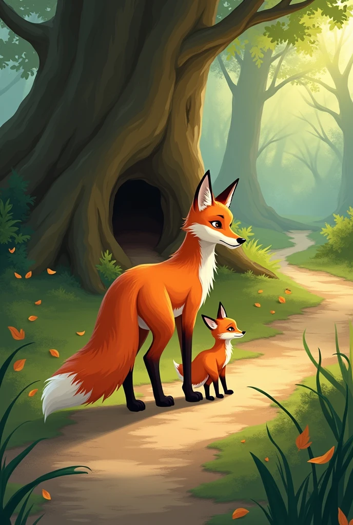 Mother fox with baby fox going home