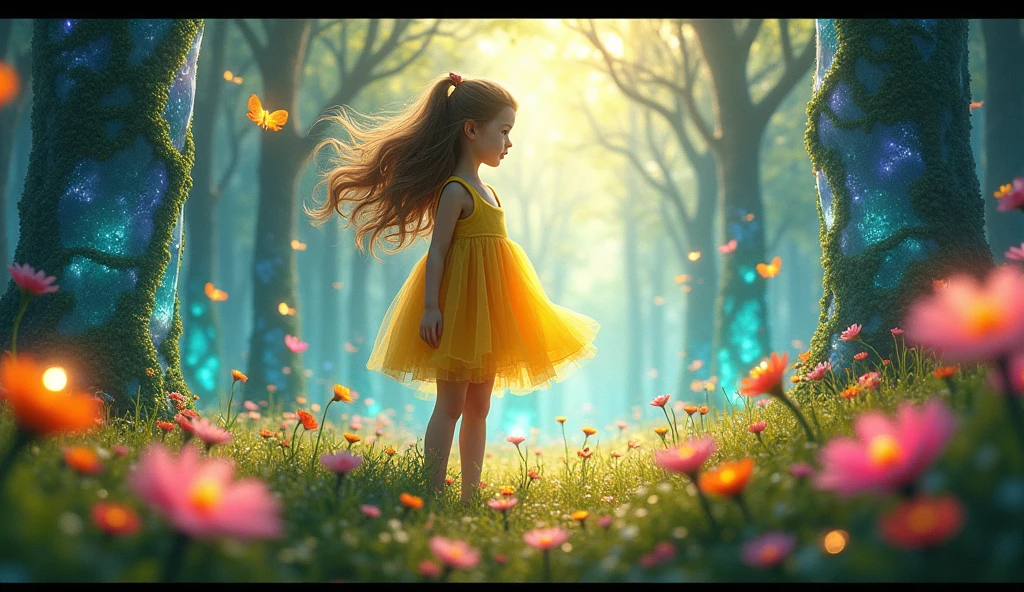 Generates a 4k image of a girl dressed in yellow, In a magical forest, where the trees are made of glass and the flowers shine and there are many colors