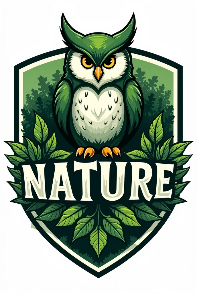 Make a shield of a football team called "liberty Nature" that has to be green and white, that has a circular shape, that has plants and an owl , that the owl is more cartoonish but threatening
