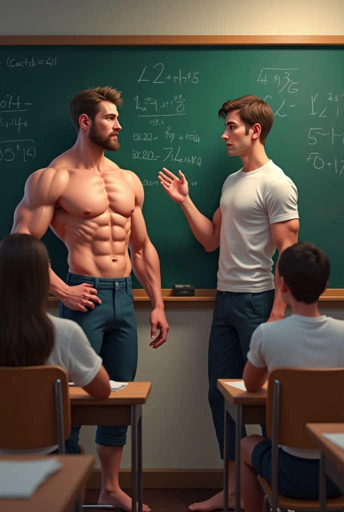 White man, Muscular man without a shirt and young man without a beard and with a tight shirt teaching mathematics in a school in front of the blackboard and so that the students can be seen sitting there paying attention