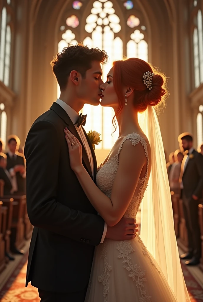a young ginger bride, a young curly-haired groom, cleanly shaven, kissing, wedding ceremony, ornate cathedral, stained glass windows, sunlight streaming through, golden wedding rings, elegant wedding attire, intricate lace details, graceful poses, romantic atmosphere, award winning, cinematic lighting, highly detailed, photorealistic