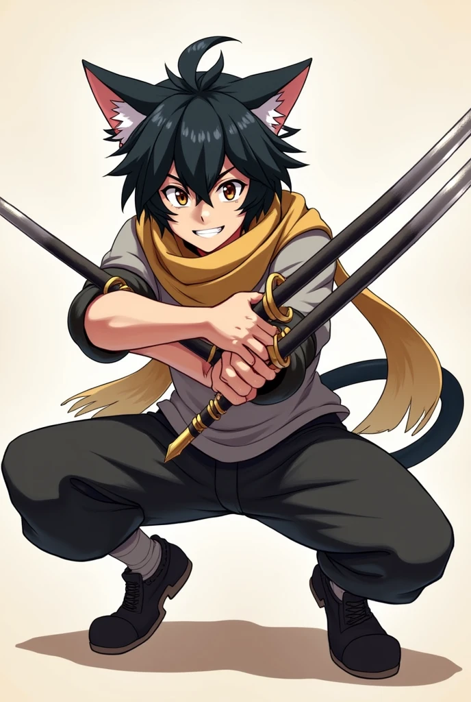 I want a male anime character with black hair, cat ears, a scarf, smiling, with two swords in his hand and his arm crossed and crouched ready to attack.