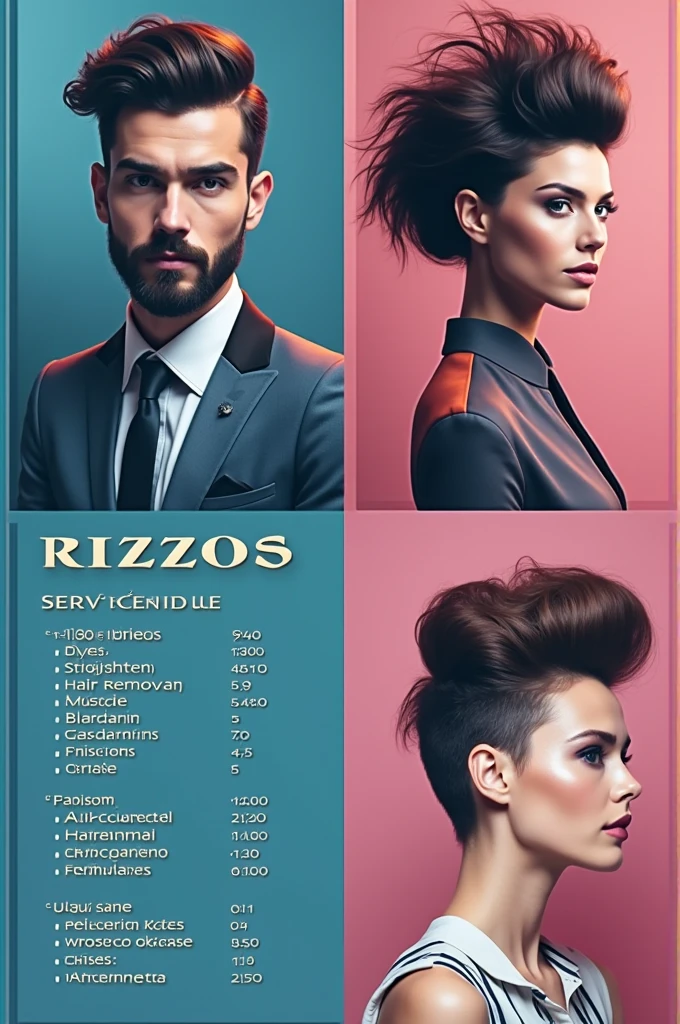 Create a sleek and modern promotional design for a unisex aesthetic called &#39;Rizzos&#39; in Spanish. The design must include two high-quality images showing a man&#39;s and a woman&#39;s hair in well-groomed styles.. The design must contain the service schedule information, which is 12:00 pm a 9:00 pm. You should also list the services that the beauty salon offers.: Hairstyles, dyes, straightening, hair removal, permanent and chinese. Use a color palette that combines shades of blue and pink, that are attractive and appropriate for an aesthetic, reflecting the style and sophistication of the business.