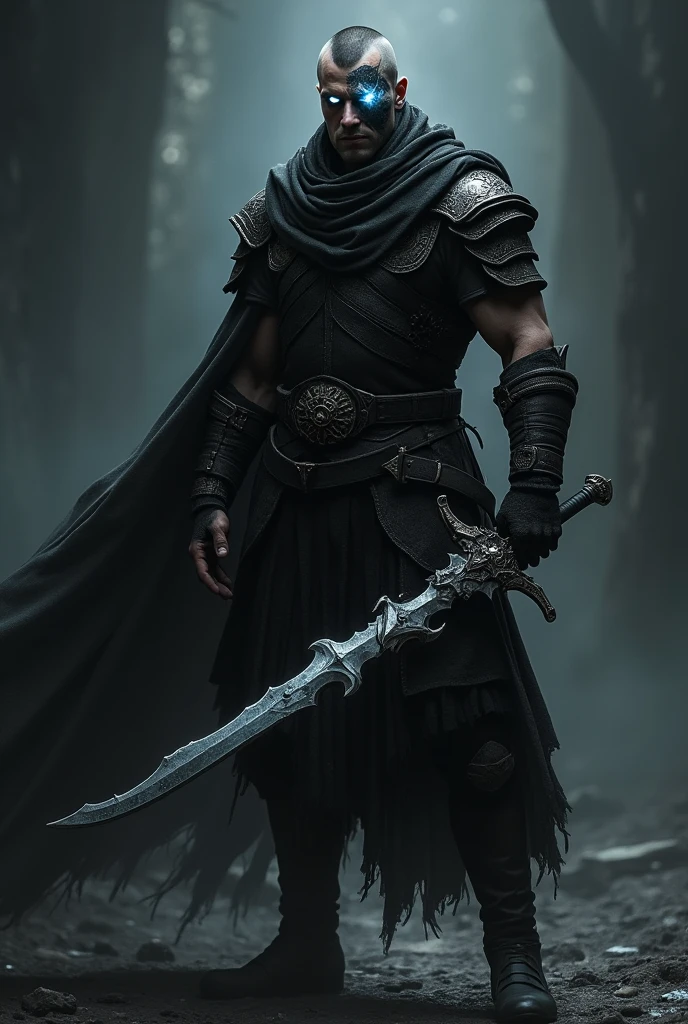 A 2 angry European warrior male with long buzzing hair and no beard, luminous white eyes, and a scary black face with luminous veins, wearing a full black outfit, holding a magical fragmented sword, standing in a dark place and looking to the left. looks