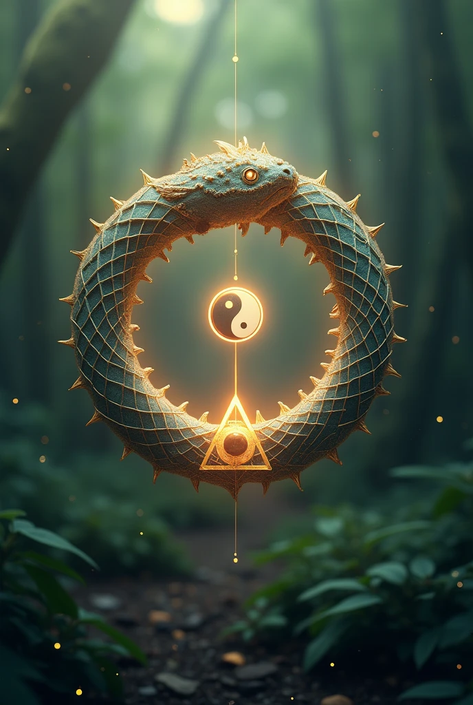 Ouroboros Principal:

A realistic ouroboros depicted as a dragon biting its own tail, forming a perfect circle. The dragon&#39;s body must be detailed, with scales and textures that look realistic, but with subtle geometric patterns reminiscent of electronic circuits. This symbolizes the fusion between the ancient and the modern., and the connection between mind and technology. In the center of the dragon&#39;s head, place the yin-yang symbol, highlighting balance and duality.
natural background:

The background should be subtle and evoke nature., with soft shades of green and blue that are reminiscent of a forest or a natural environment. Light textures should suggest leaves or organic elements, creating a sense of calm and connection with nature. Small golden particles should float around, suggesting energy in movement and transformation.
indoors light:

A soft golden aura should radiate from the ouroboros, como se estivesse emitindo uma luz de dentro till fora. This lighting should create a soft contrast with the natural background., highlighting the ouroboros in a balanced and harmonious way.
Secondary Element - Philosopher&#39;s Stone:

In the center of the circle formed by the ouroboros, insert a small symbol representing the philosopher&#39;s stone. This symbol should be a golden triangle, simple and elegant, which symbolizes perfection and maximum transformation of the mind.
minimal style:

The overall design should be minimalistic, com poucos elementos adicionais till garantir clareza e reconhecimento, mesmo em tamanhos menores, as profile icons on digital platforms.
Name Integration (optional):

if necessary, the initials of the channel name ("sam" till "Alchemy of the Mind") can be added to the base of the image in a stylish and modern font, com cor dourada ou branca till harmonizar com o brilho do ouroboros.