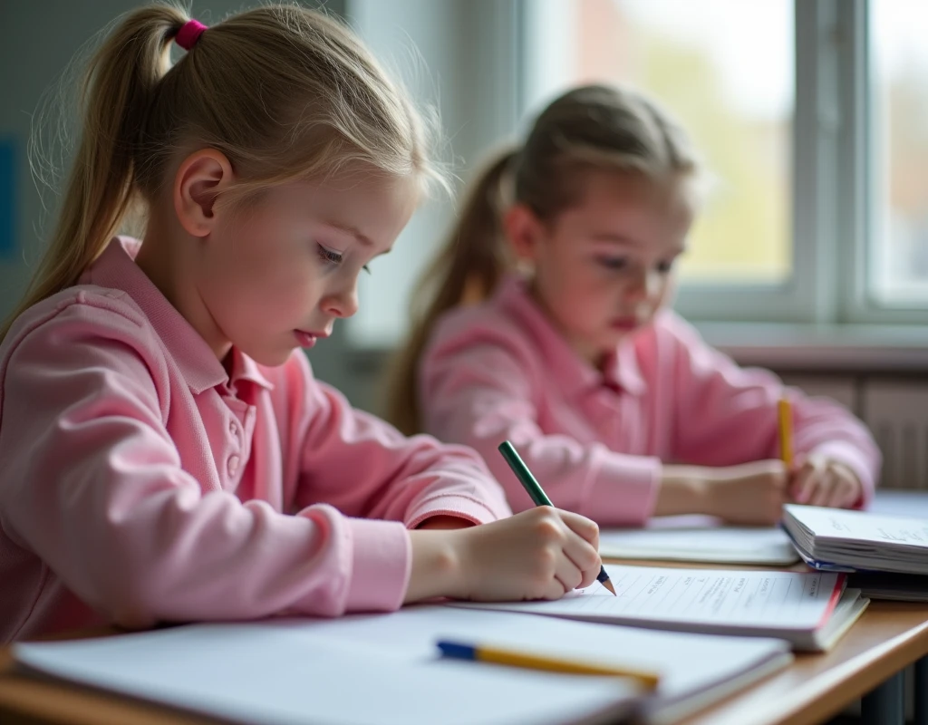 Developing cultural and intellectual skills, education according to the curricula prescribed for students ,  receiving information in the classroom, a close-up picture of a 2  swedish  students  wearing a  pink uniforms  sitting on a school desk, performing school assignments