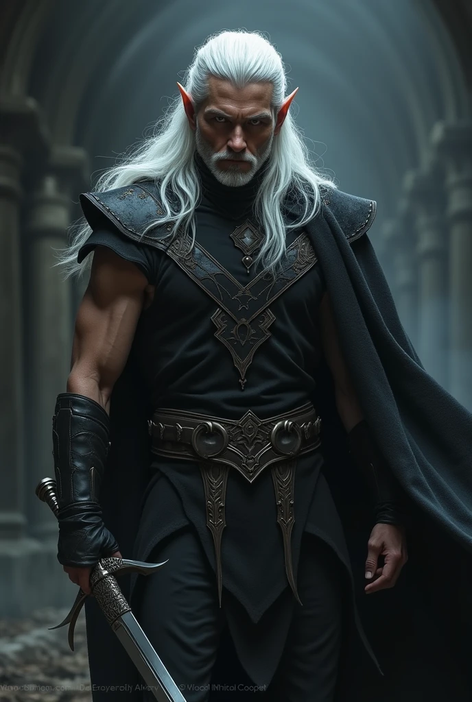 Elf man with sword in hand and white hair, his clothes are black and his body is athletic