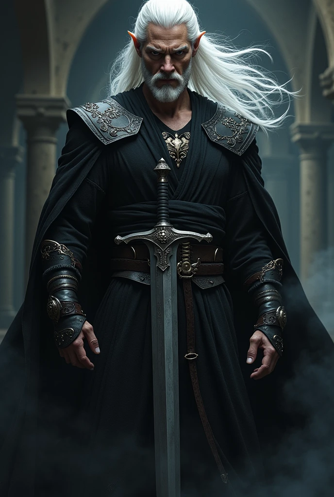 Elf man with sword in hand and white hair, his clothes are black and his body is athletic