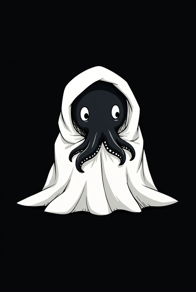 Logo video game company, an octopus wearing a bedsheet pretending to be a ghost, flat icon, black and white, black octopus, white bedsheet, cute cthulhu, ink illustration