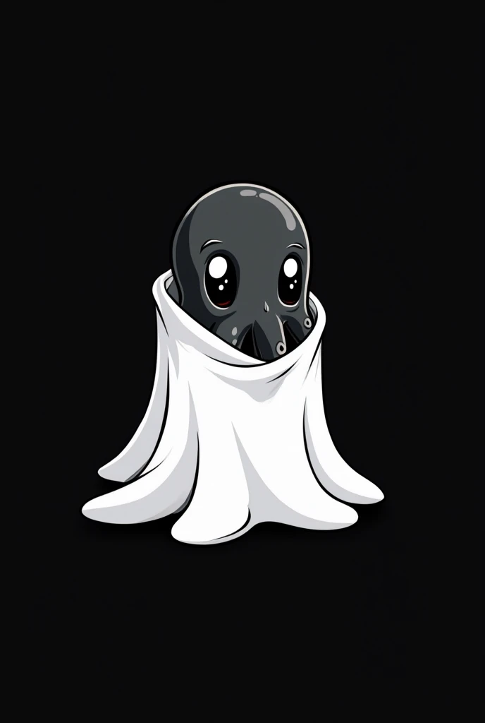 Logo video game company, an octopus wearing a bedsheet pretending to be a ghost, flat icon, black and white, black octopus, white bedsheet, cute cthulhu, ink illustration