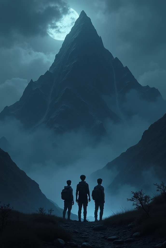 Three young men in front of a terrifying mountain at night