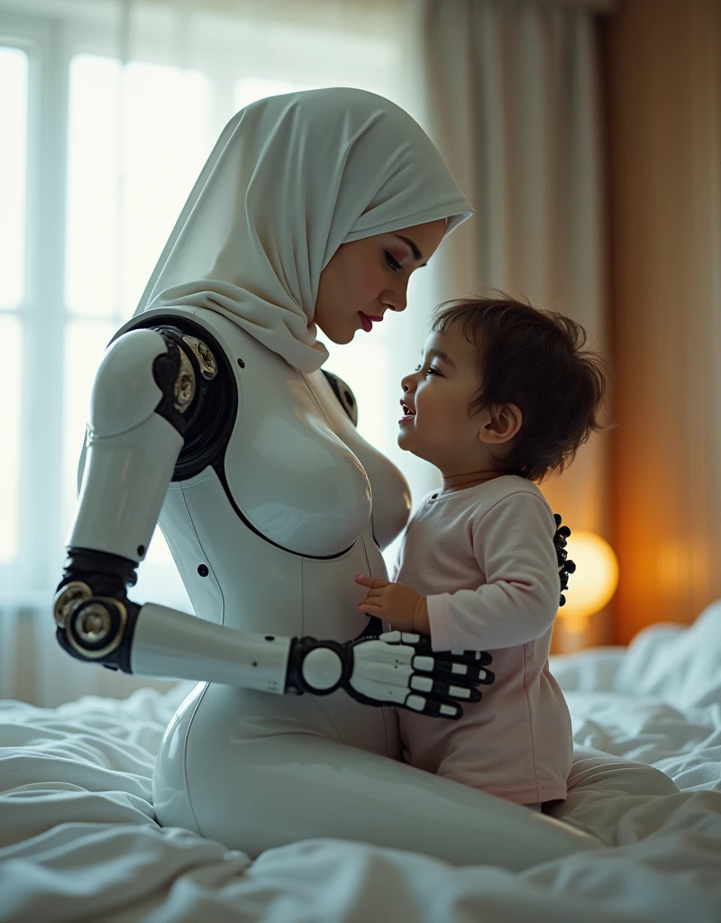 female robot wearing hijab, big breasts, white body, robot arm, wearing glove latex, playing and kisses with child on the bedroom