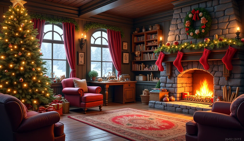 The interior of Santa&#39;s house is a warm and welcoming space, decorated with a festive and magical touch. The walls are paneled in dark wood and are adorned with holly garlands and golden lights that cast a soft glow.. In the center of the room, A large stone fireplace is lit, with dancing flames that illuminate the space and provide comforting warmth. Above the fireplace, There is a shelf decorated with Christmas stockings hanging, seasonal decorations on one side of the room, There is a big Christmas tree decorated with shiny balls, golden ribbons and a golden star on top. Under the tree, There are lots of presents wrapped in colorful paper and ribbons. in front of the fireplace, There is a soft and warm carpet, and several leather armchairs and a sofa are arranged around it, with wool blankets and decorative pillows. in a corner, A work table is filled with toys in various stages of assembly., with tools, pieces of wood and paint scattered. A shelf full of story books and a small toy library complete the decor.. The windows are adorned with red velvet curtains and a view of the snow falling outside.. The scene conveys a sense of joy and wonder., reflecting the festive spirit and magic of Santa&#39;s home, masterpiece, Best Quality, High resolution 1024X432 [21 : 9]