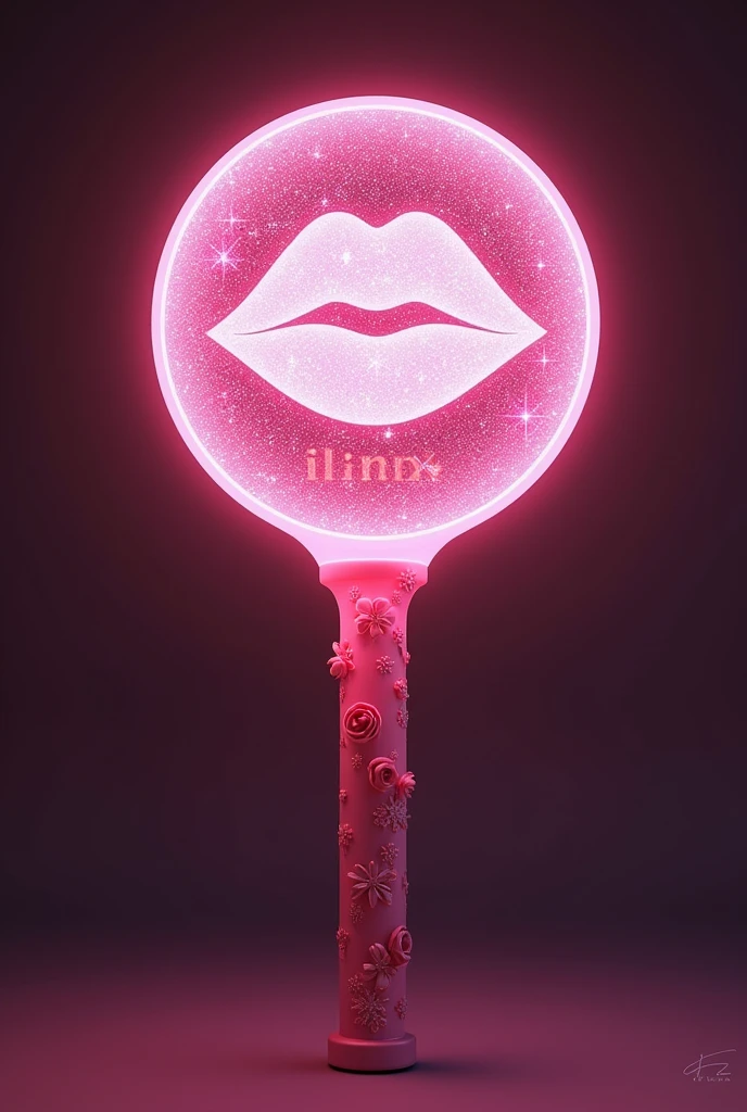 I want a kpop lightstick with a pink round shape with glitter and very detailed with some details like the kiss of life and with the word Ilinx inside but with a beautiful stick and some flower details and the word Ilinx 
