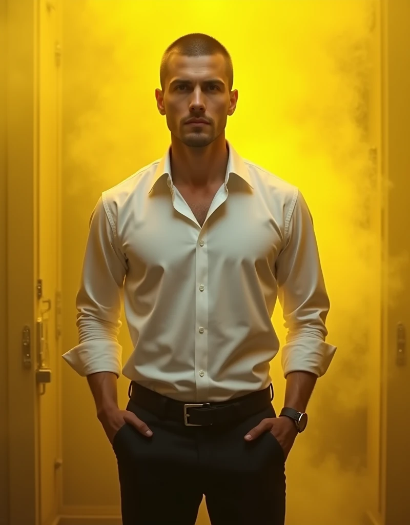 Realistic, handsome man crew cut hair wearing white shirt and black pants,, smokey yellow on the background
