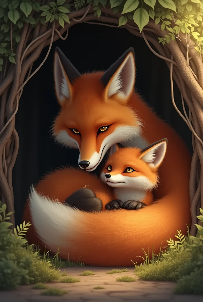 Mother fox with baby fox at home 

