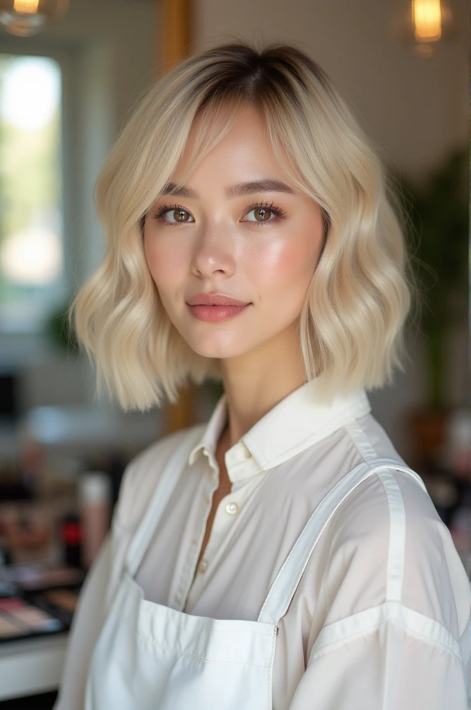 Girl makeup artist with light hair bob hairstyle without bangs
