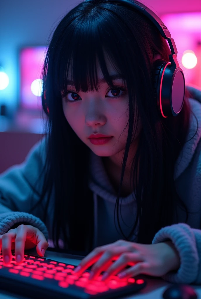 INSTAGRAM MODEL , with long straight black hair ,"Game on!" - My hands are steady and my heart races as I prepare for another intense gaming session. The screen lights up before me, reflecting the anticipation in my eyes. I'm ready to dominate this virtual world, using all my skills and strategy to emerge victorious