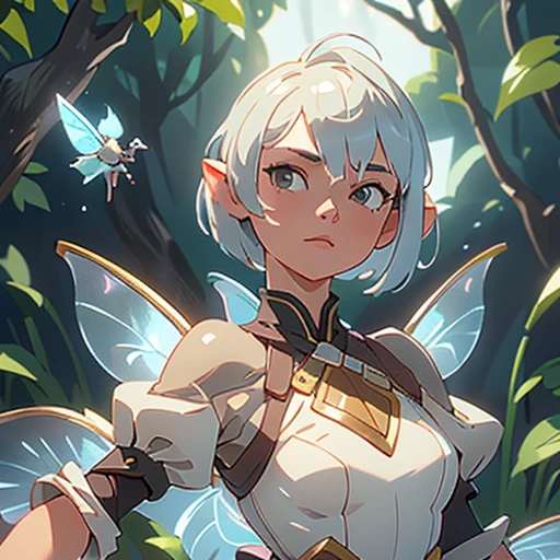 (Extremely detailed CG 8k unity wallpaper, work of art, best qualityer, ultra detali), (better lighting, best shade, extremely delicate and beautiful), Cool, dynamic, and original young character with a (dynamic pose) and silver (pixie cut hair: 1.3) that reflects light beautifully.