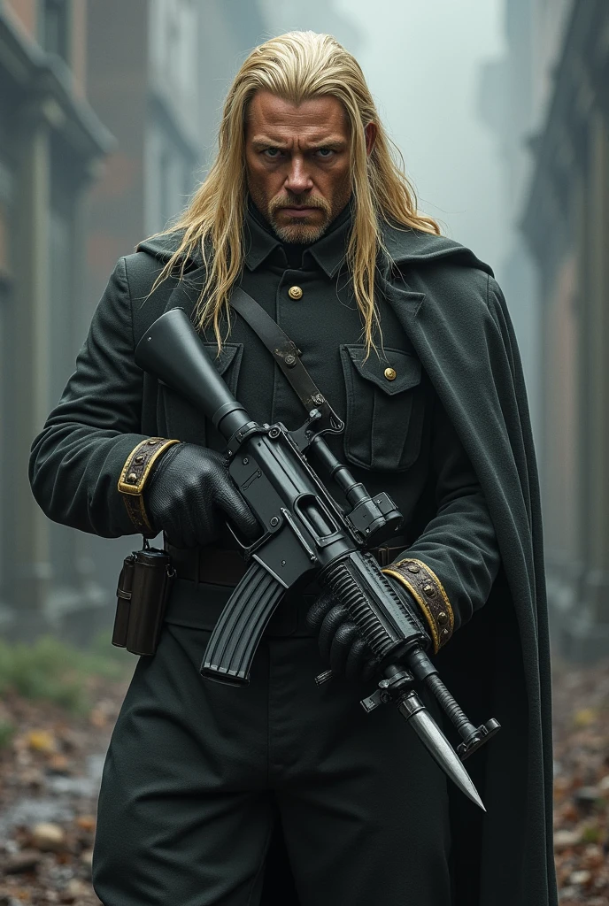 German soldier very sexy machine gun knife blond long hair in grey uniform